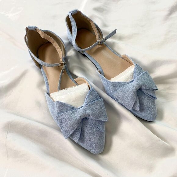 Source Unknown Shoes - Preppy Coquette Light Blue Faux Suede Bow Flats / Sandals US 7.5 / EU 38